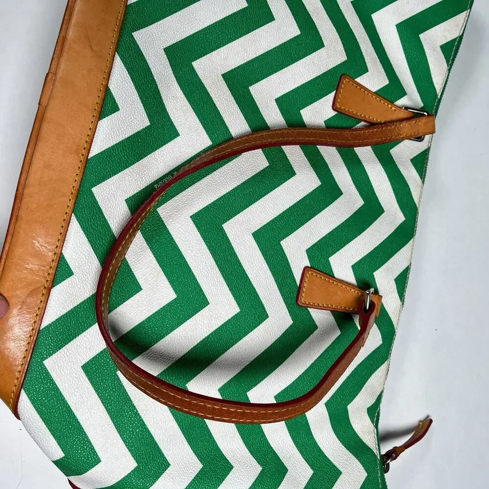 Dooney & Bourke Green White Chevron Tote Bag Purse Carry Strap See Photos